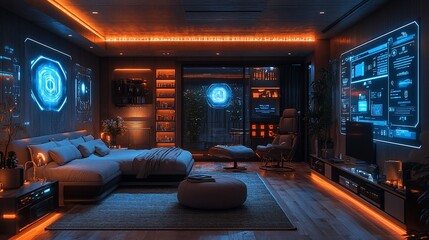 Futuristic bedroom with glowing screens and modern decor.
