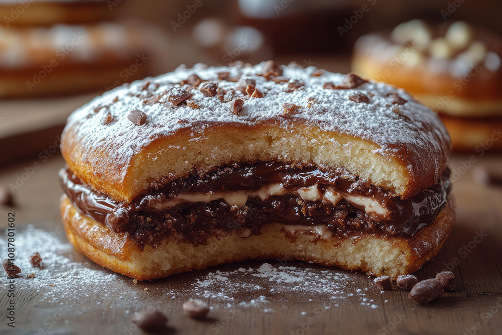 Poster a simple kã¼rtå‘sh dusted with powdered sugar and filled with rich nutella,