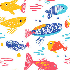 Fototapeta premium Colorful and Cute Fish Swim in the Vibrant Ocean Waves With Playful Doodle Style