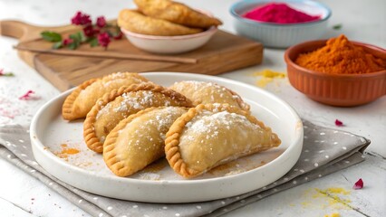Sweet gujiya dumplings served on plate for Holi and Diwali, festive Indian sweets  
