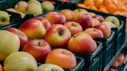 Apples in Crates: A close-up shot captures rows of ripe, juicy apples nestled in crates, ready for sale or consumption. The apples in various colors, convey freshness and abundance.