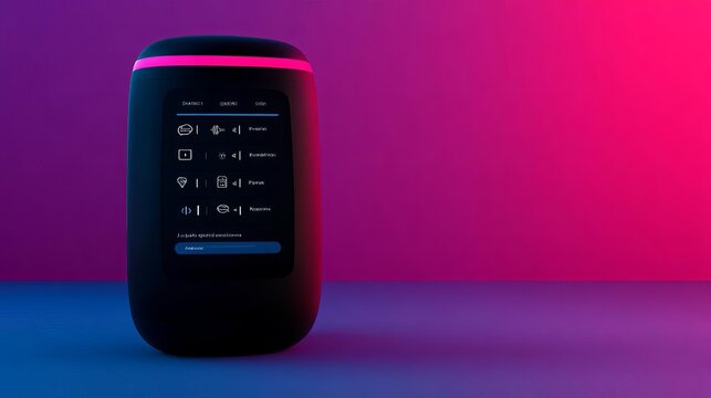 Voice assistant integration screen, popular commands list, sleek interface
