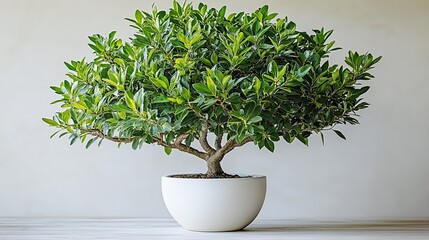 Obraz premium A lush bonsai tree in a minimalist white pot, symbolizing tranquility and nature.