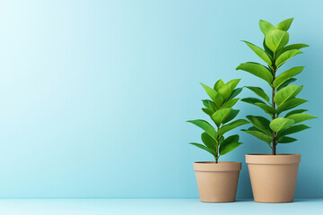 Fototapeta premium Two potted plants against a pastel blue wall in a modern indoor setting