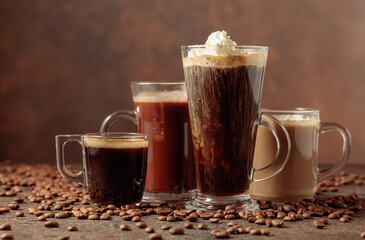 Various coffee and chocolate drinks on a brown background.