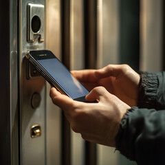 Person opening a security door with his cell phone. Security concept 