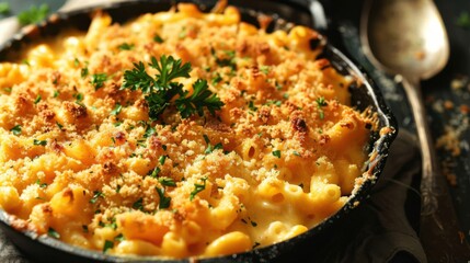A rich and creamy macaroni and cheese with a golden breadcrumb crust, served in a cast iron skillet