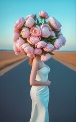 A woman in a white dress walks along an asphalt highway in the desert with a large bouquet of pink peonies against the backdrop of dry grass and blue sky. Faceless