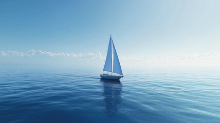 Obraz premium A sailboat glides over a calm blue ocean under a clear sky, leaving a gentle wake trailing behind.
