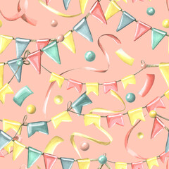 Hanging garlands with flags, confetti, ribbons and serpentine. Watercolor illustration, hand drawn. Seamless pattern festive for birthday on a pink background.