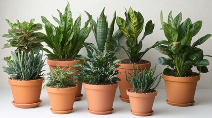 Obraz premium A collection of various indoor plants in terracotta pots arranged aesthetically.