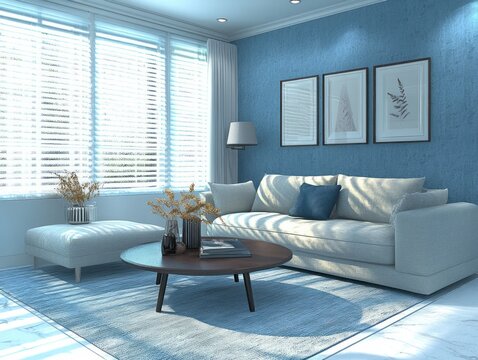 Serene Living Room Interior Design with Blue Accents