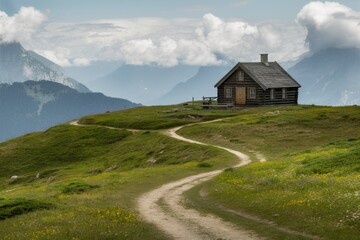 Scenic Mountain Cabin: A picturesque cabin nestled on a lush green hillside, with a winding path leading toward its front door, amidst towering mountains and a sky dotted with clouds.