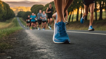 Obraz premium Runners on Road: A group of determined runners make their way down a straight road with a bright, early morning light, with a leading runner's shoe highlighted.