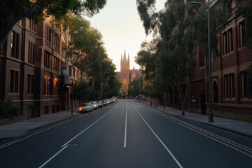 Fototapeta premium A quiet street view at dusk with historical buildings and distant church spires