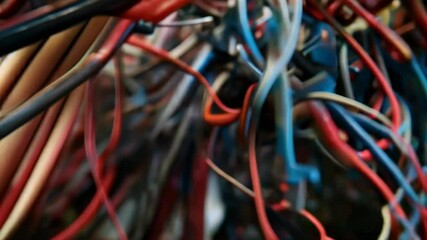 A close-up view of a tangled mass of colorful electrical wires and cables interwoven together
