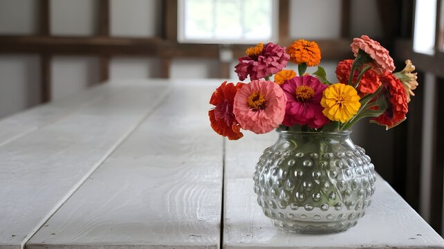 Milk glass hobnail vase on farmhouse table with rustic setting