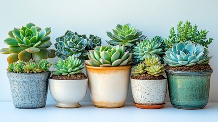 Here's a  and keyword list suitable for stock photo submission.. Diverse succulents in various pots against white background.