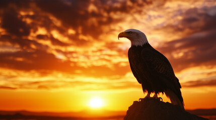 Fototapeta premium Eagle Silhouette Against Sunset with American Flag Background