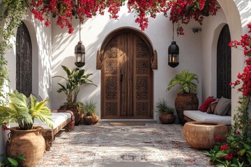 Beautiful moroccan patio with ornate wooden door, lanterns, and lush greenery