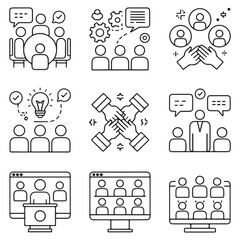 Modern Minimalist Vector Icons Set for Meeting Types: Roundtable, Brainstorming, Teamwork, Seminar, and Video Conference