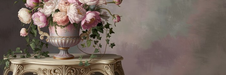 Rococo vase with peonies and ivy on antique carved table with space for text