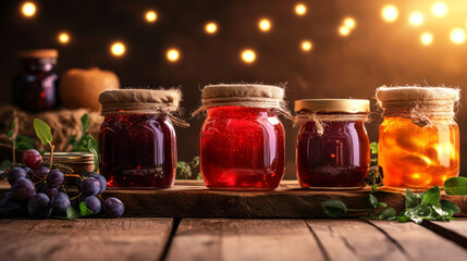 Rustic jars of vibrant red and orange jams on a wooden table, surrounded by grapes and glowing ambient lights.
