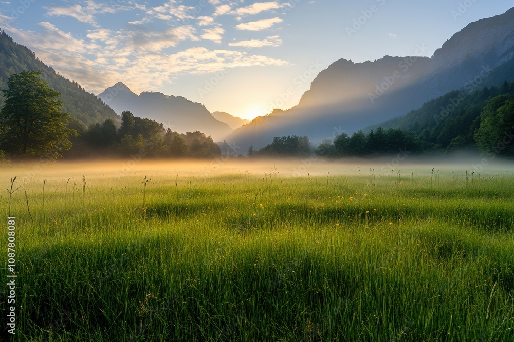 Poster The sun rises over a tranquil mountain valley, casting golden light on the dewy grass and creating a serene atmosphere in the morning. Generative AI