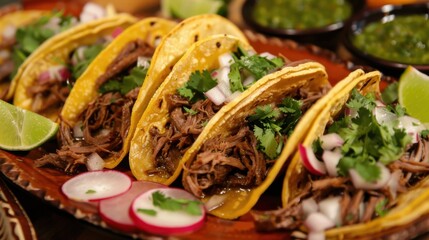 A savory platter of Mexican barbacoa tacos, tender shredded beef served in corn tortillas with onions