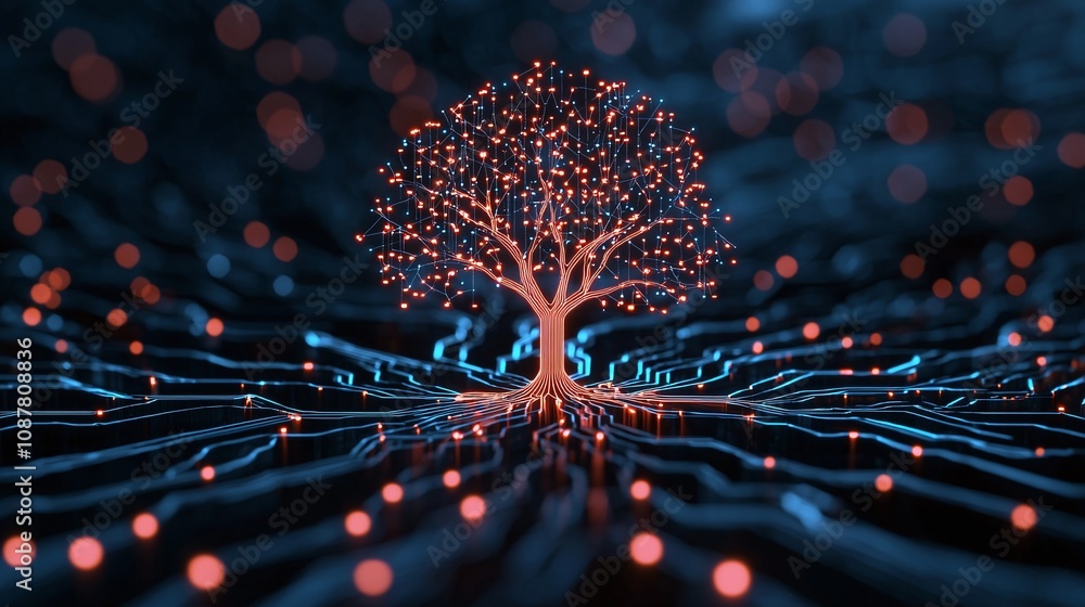 Poster tree digital nature and technology merging through glowing patterns and sustainable evolution.