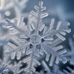  micrography of a snowflake on a blue frosty background, Natural artistry, winter  season aesthetics
