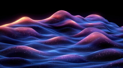 Abstract glowing landscape with vibrant hills and particles.