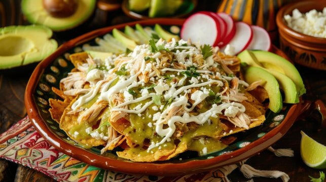 A savory platter of Mexican chilaquiles verdes, crispy tortilla chips smothered in green salsa