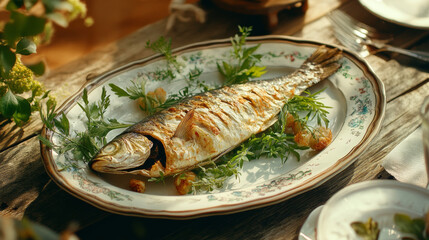 A beautifully grilled whole fish served on a decorative plate with fresh herbs and flowers, arranged in a fine dining setting.

