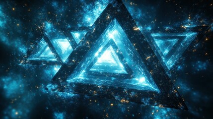 Abstract glowing triangles in a blue and black space with a galaxy of stars and sparks.