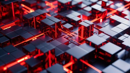Cybernetic Matrix: A complex network of interconnected cubes, pulsating with vibrant red energy, evoking a sense of advanced technology and futuristic design.