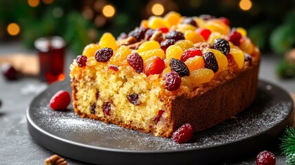 A colorful fruitcake decorated with dried fruits awaits celebration on a stylish black plate