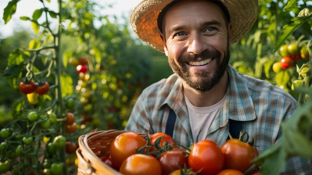 Smiling Farmer with Fresh Tomatoes: A beaming farmer, adorned with a straw hat, presents a basket brimming with vibrant, freshly-picked tomatoes, set amidst a flourishing garden.