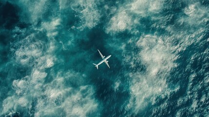 Fototapeta premium Airplane above the ocean, a lone aircraft flying over teal waters with white foam. Aerial view showcasing vastness of ocean and tiny airplane