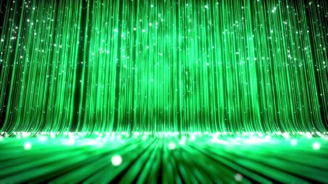 Glowing green fibers create a shimmering curtain effect, suitable for abstract backgrounds, futuristic designs, technology concepts, and digital environments.