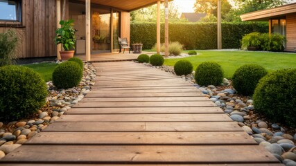 Obraz premium Serene Garden Path: A beautifully designed wooden path leads through a meticulously manicured garden, flanked by ornamental bushes and lush green lawns, evoking a sense of peace and tranquility.