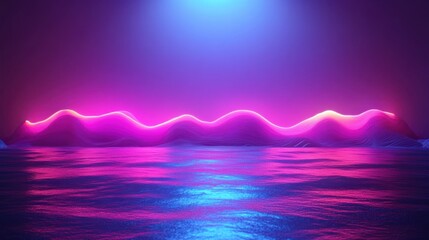 Abstract neon light landscape with a pink neon line wave over water.