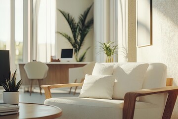 Fototapeta premium Cozy and Modern Living Room Setup With Natural Light, Plants, and a Stylish Workspace in the Background