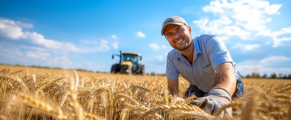 A farmer smiles while inspecting wheat in a field, with a tractor in the background.
