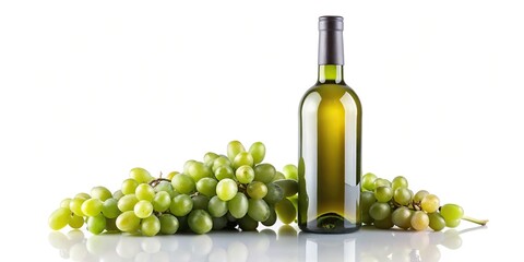 Obraz premium Dark bottle of white wine with green grape on ground, leading lines