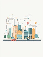 This smart city features sleek buildings interconnected through a sophisticated AI network, emphasizing urban innovation. Generative AI