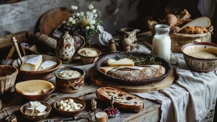 Rustic breakfast spread with artisan bread, cheese, and fresh milk on wooden table