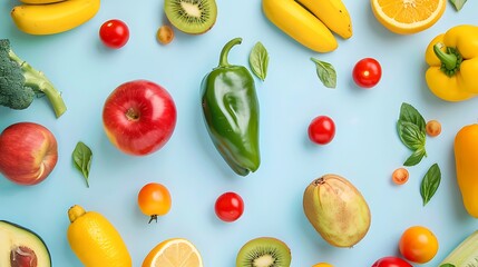 A colorful arrangement of various fruits and vegetables on a light blue background, emphasizing healthy eating.