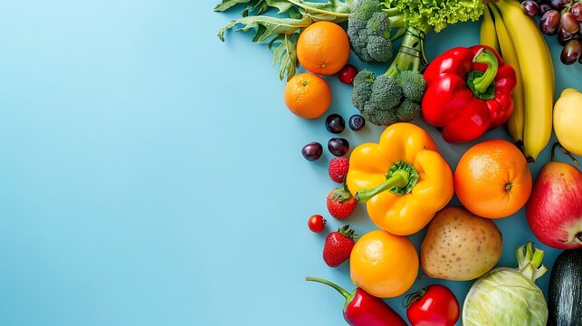 A vibrant arrangement of fresh fruits and vegetables on a blue background, showcasing healthy food options.