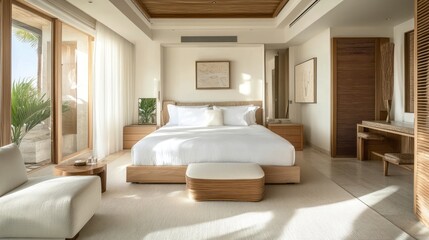 Serene Minimalist Bedroom With Natural Light And Wooden Accents